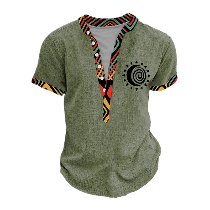 Summer 3D Printed Henry Short Sleeve Shirt Men's Fashion Street Clothing Button Short Sleeve Men's Top - Image 2