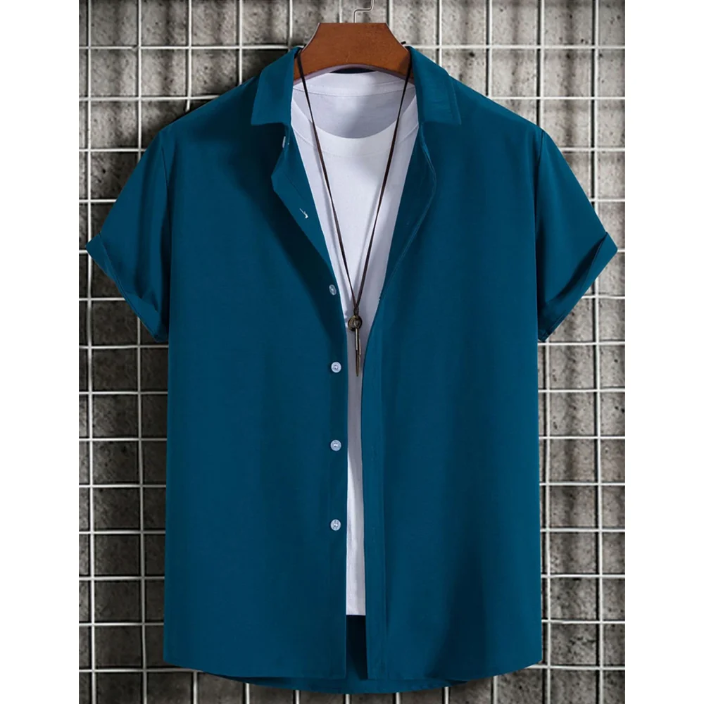 Men's 3D printed simple solid color Hawaiian shirt, short sleeved men's casual shirt, beach party clothing, summer fashion Tops - Image 9