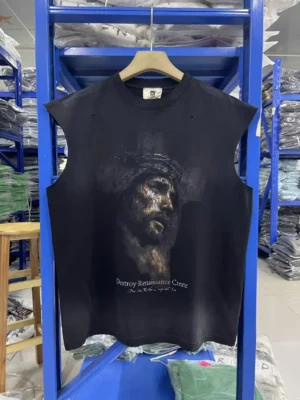 New Fashion Trend Brand DoeItohoAn Destroy RenalsnCe " portrait print washed out T-shirt men vest