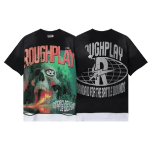 Rough Play Rock gesture guitar print hot stamping design with holes, washed water to make old short sleeved T-shirt