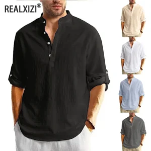 Men's Lightweight Shirts Long Sleeve Henley Collar Casual Shirts Men Beach Hawaiian Vacation Shirts Men Breathable Tshirts Tops