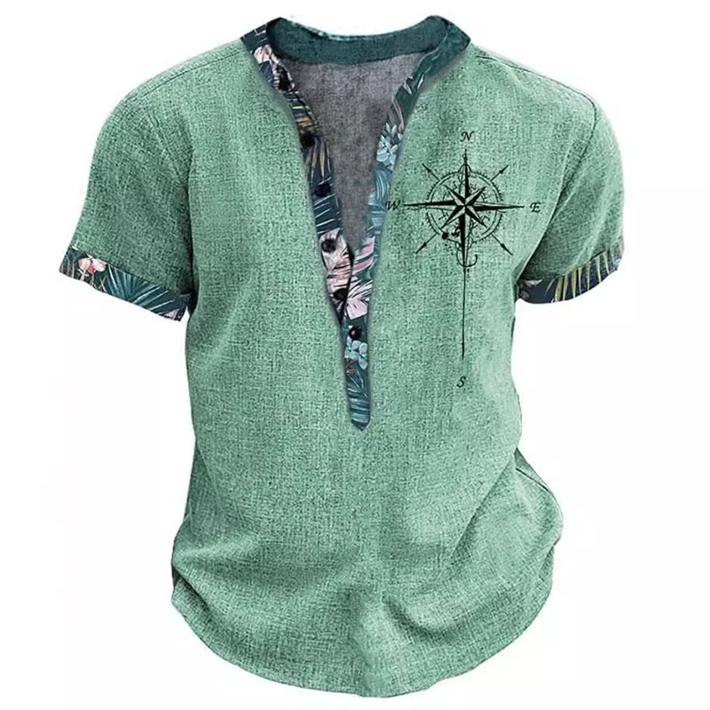 Summer 3D Printed Henry Short Sleeve Shirt Men's Fashion Street Clothing Button Short Sleeve Men's Top - Image 5