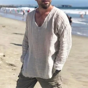 Men V-neck Long Sleeve Shirt Tops Burr Edge Pleated Loose Thin Pullover Tops Streetwear Spring Autumn Casual Handsome Men Shirts