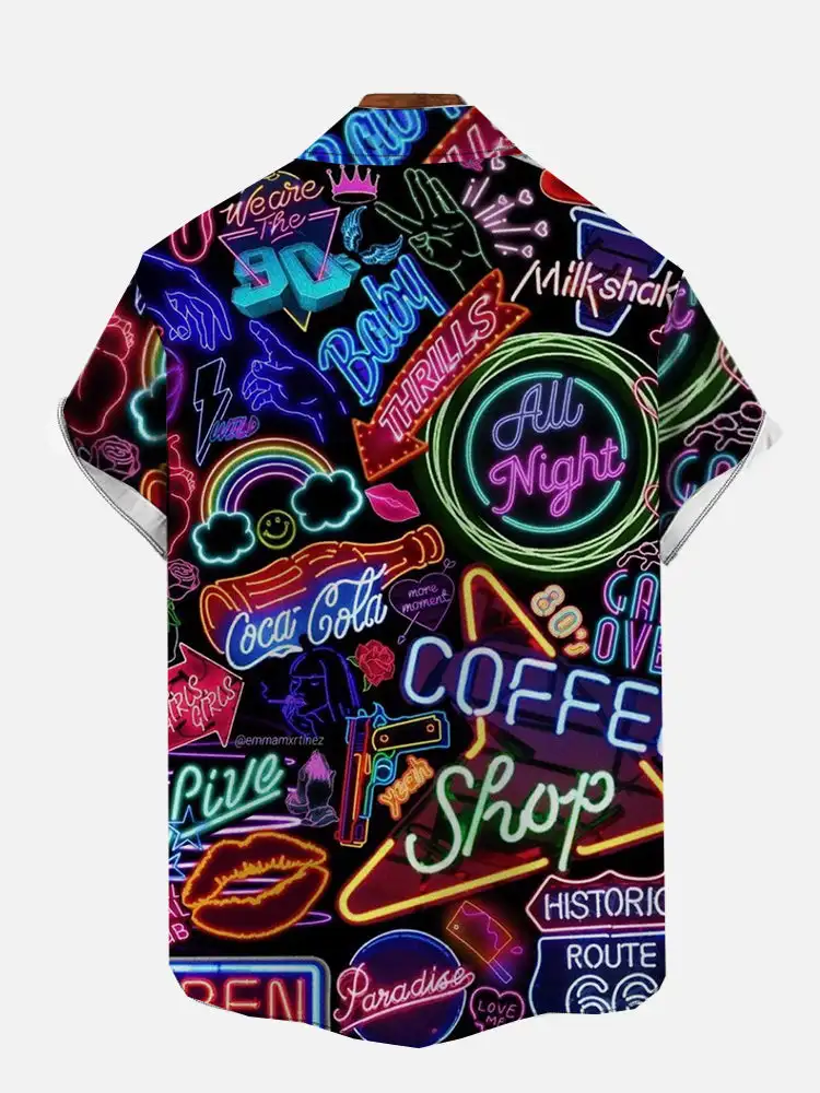 Men's Neon Pattern Printed Shirts Men's Fashion Casual Shirt Comfortable Beach Short Sleeved Shirt Men's Single Breasted Shirts - Image 2