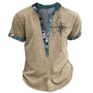Summer 3D Printed Henry Short Sleeve Shirt Men's Fashion Street Clothing Button Short Sleeve Men's Top