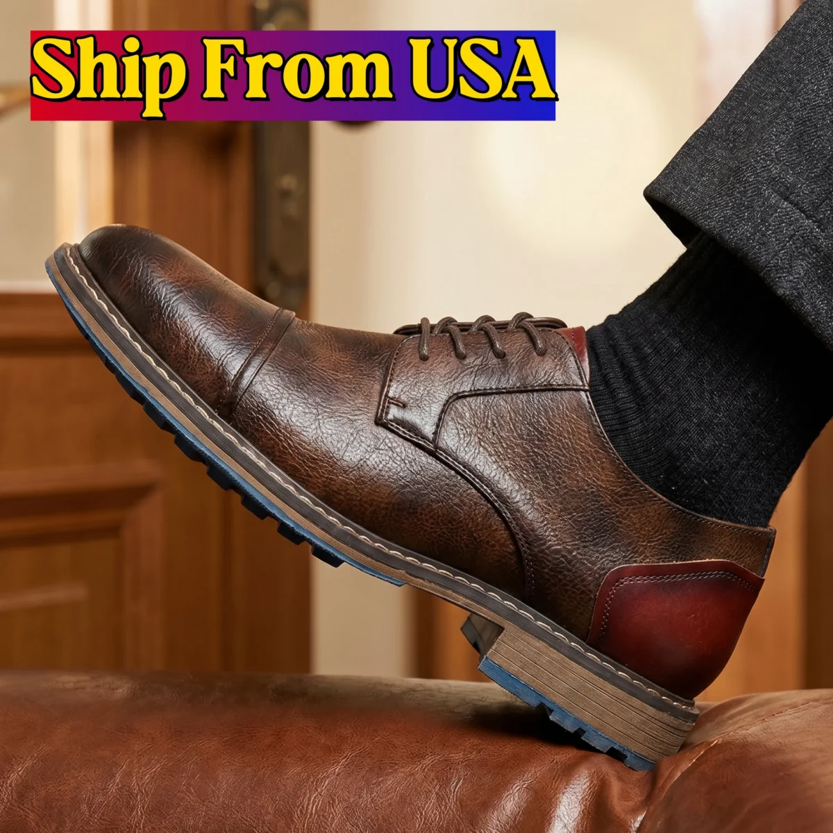 Retro Men Casual leather shoes Cap Toe Oxford Men Derby Shoes Fashion Men Leather Shoes