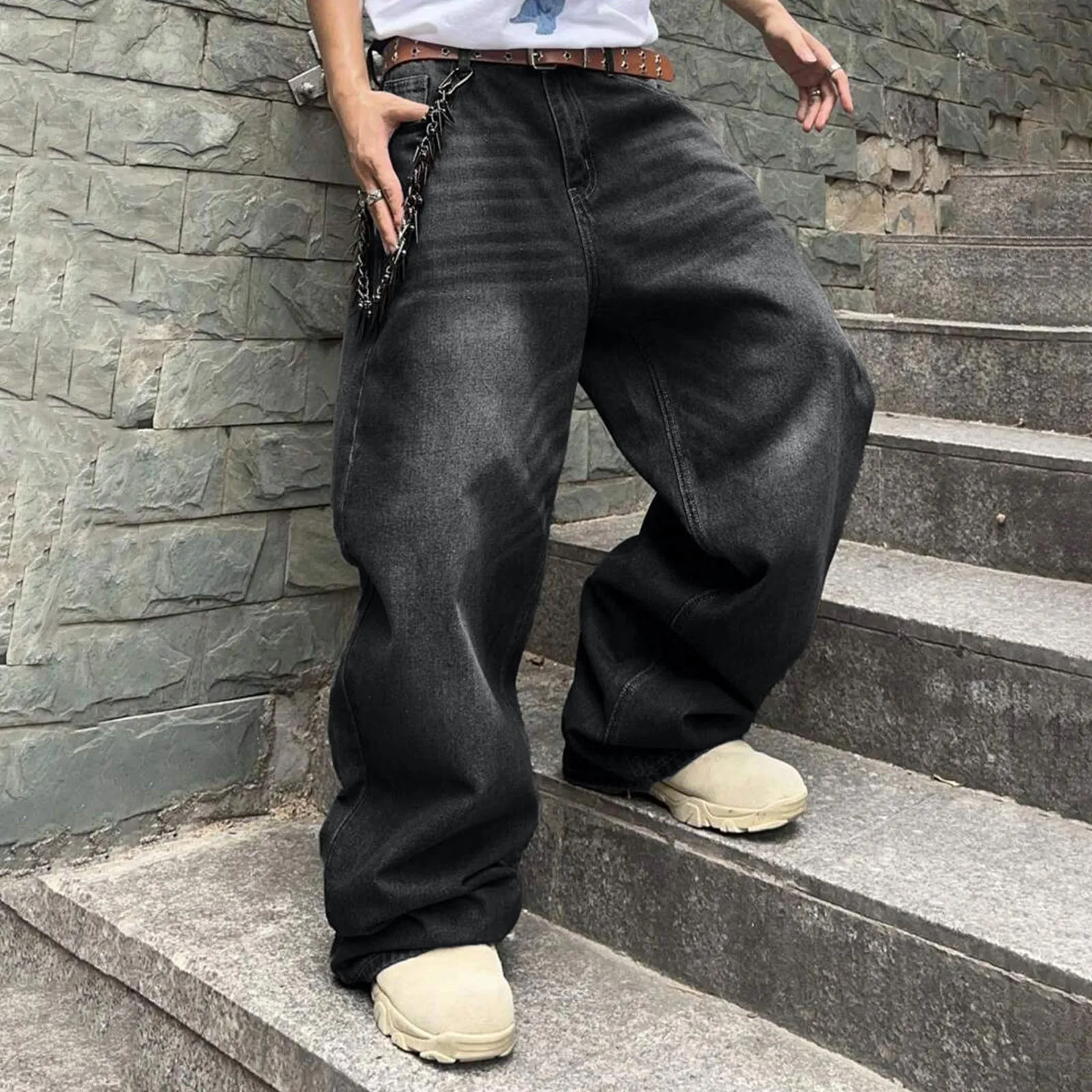 Men Baggy Denim Pants Wide Leg High Waist Belt Casual Trousers Loose Plus Size Stylish Streetwear Men's Hip Hop Streetwear - Image 4