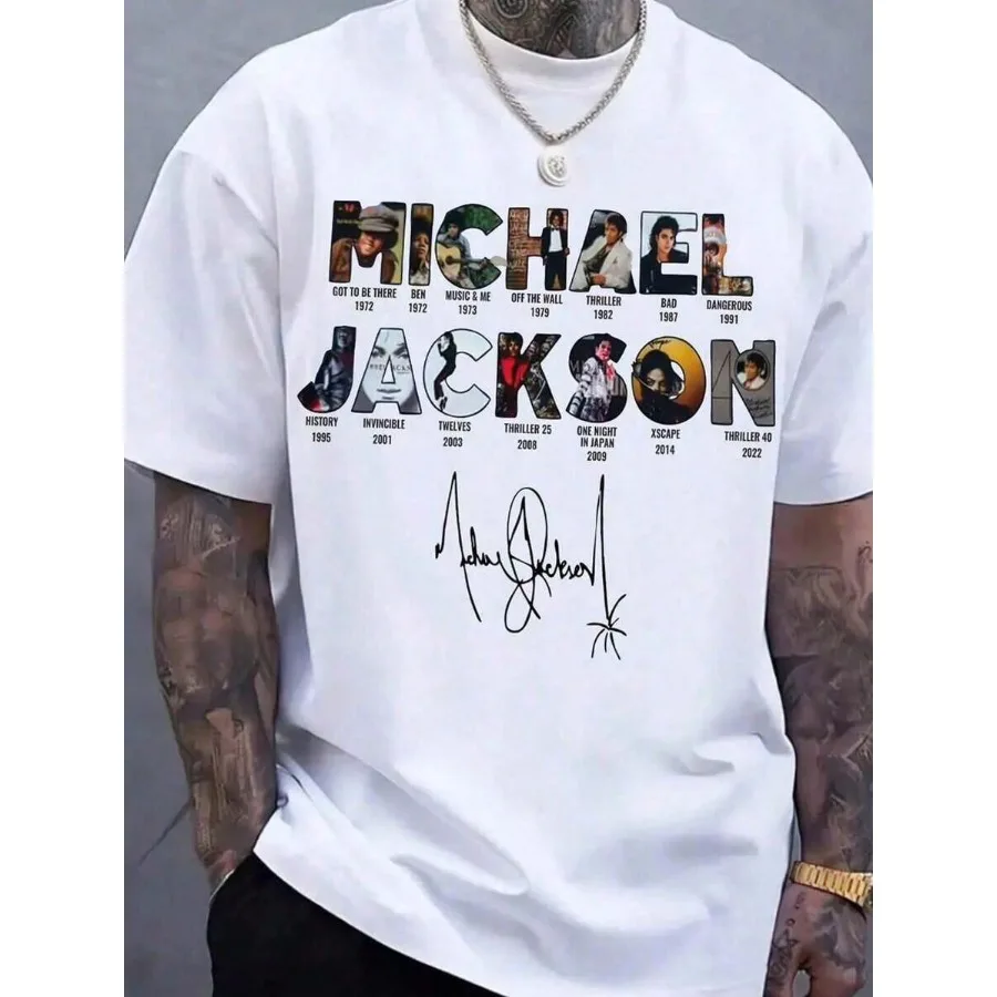 【New Arrival】Michael Jackson Discography T-Shirt, White Cotton Crew Neck, Career Album Covers & Signature Graphic Tee for Fans