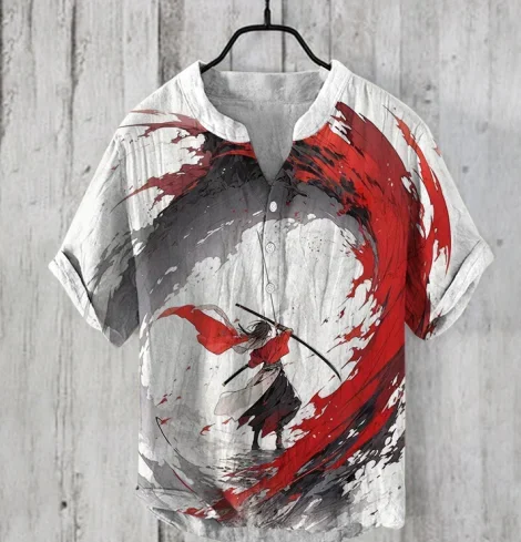 Men's and women's spring and summer cartoon characters bamboo linen loose V-neck short sleeve 2024 cheap and affordable T-shirt