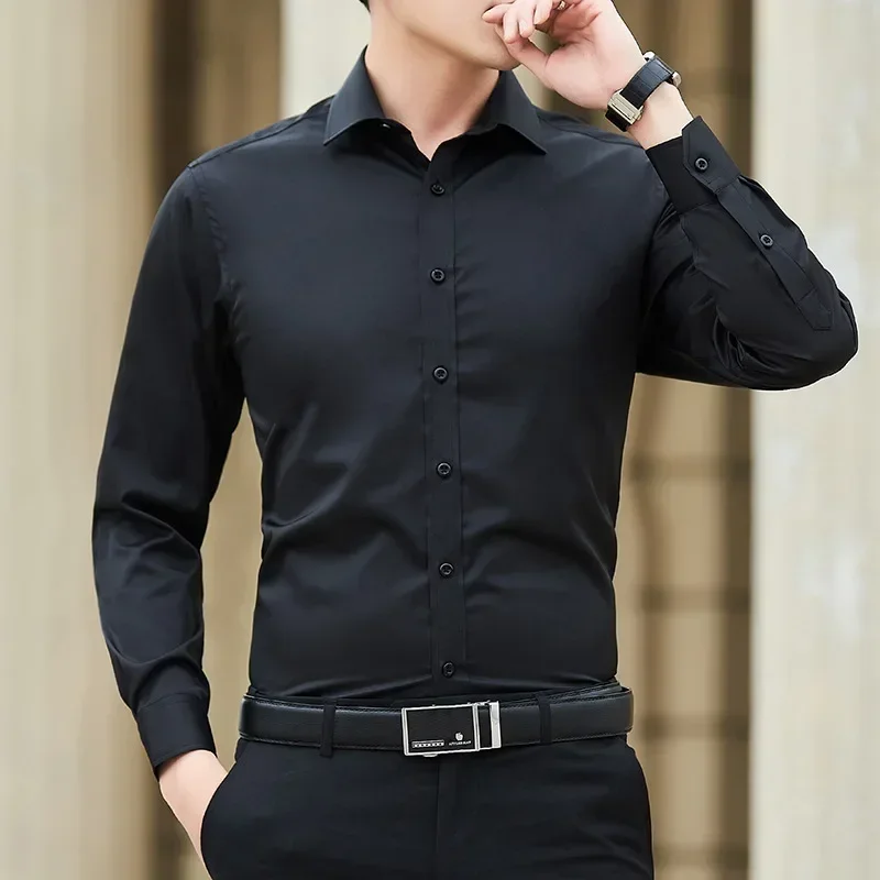 New Plus Size 8XL Men Solid Color Business Shirt Long Sleeve Shirt Fashion Classic Basic Casual Slim White Spring Autumn - Image 3