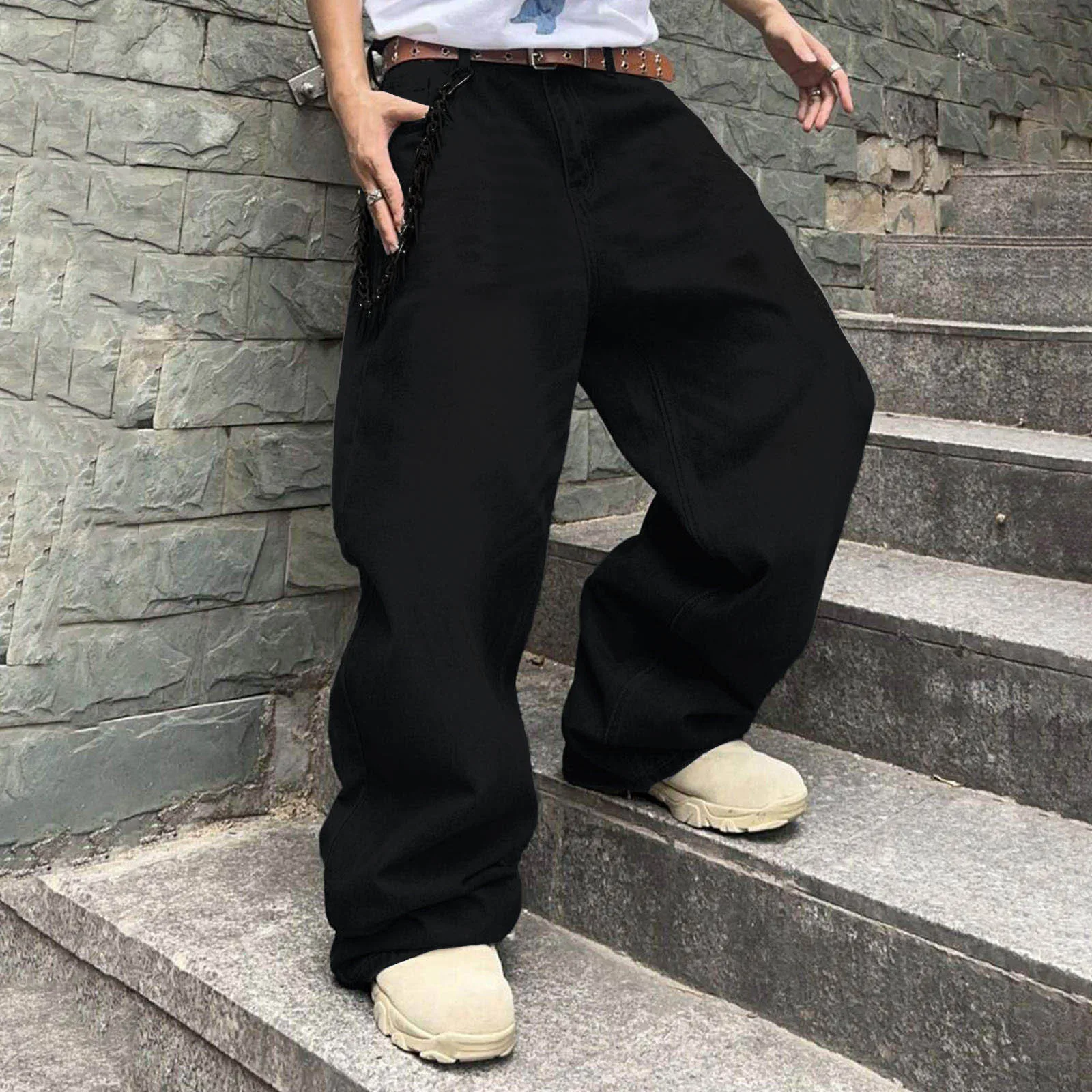 Men Baggy Denim Pants Wide Leg High Waist Belt Casual Trousers Loose Plus Size Stylish Streetwear Men's Hip Hop Streetwear - Image 7
