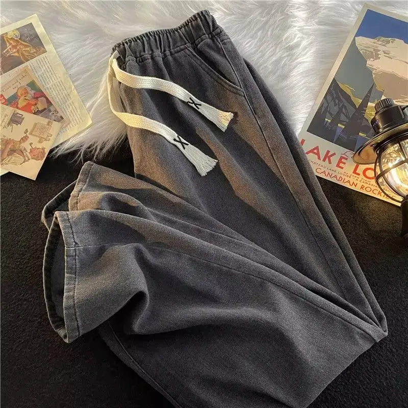 Casual Loose Straight Leg Men's Jeans Drawstring Elastic Waist Wide Leg Long Trousers High Street Fashion Denim Pants - Image 6