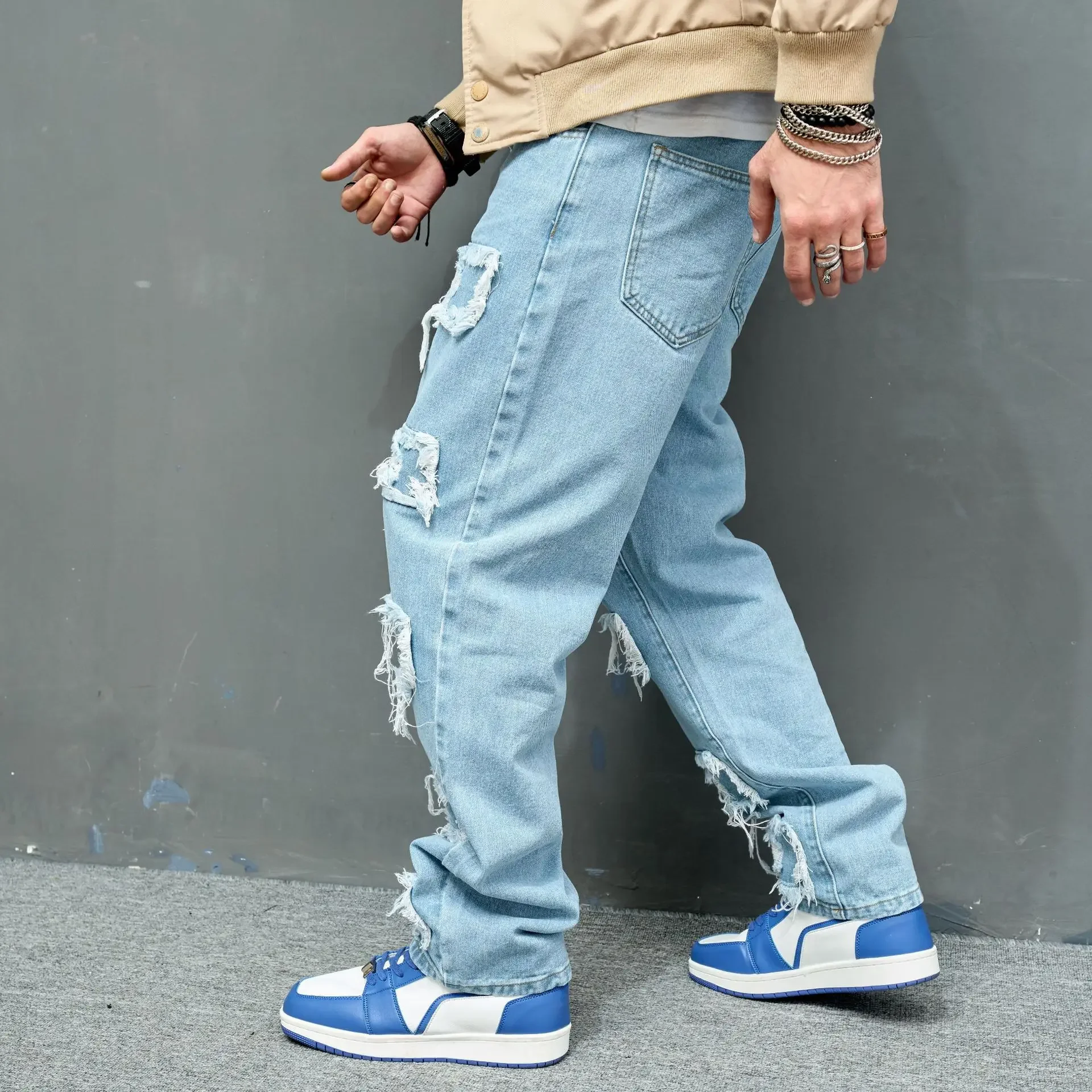 European and American Fashion Youth High Street Trendy Brand Bionic Jeans, Trendy Solid Color Slim-Fit Ripped Stretch Jeans - Image 4