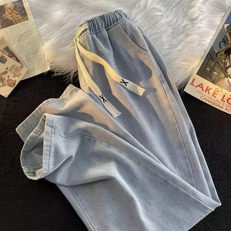 Casual Loose Straight Leg Men's Jeans Drawstring Elastic Waist Wide Leg Long Trousers High Street Fashion Denim Pants - Image 7