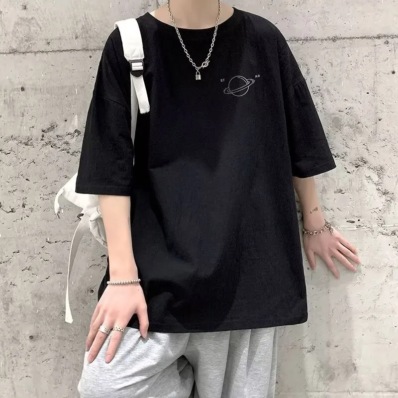 Minimalist Planet Printed Men's Casual Top M-8XL Large Size T-shirt Trendy Versatile Short Sleeve