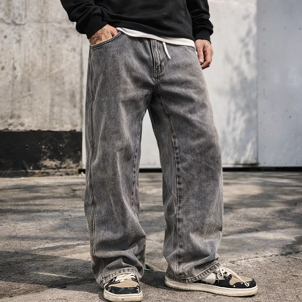 New Streetwear Loose Jeans Men Korean Style Fashion Loose Straight Wide Leg Pants Men's Brand Clothing Black Light Blue