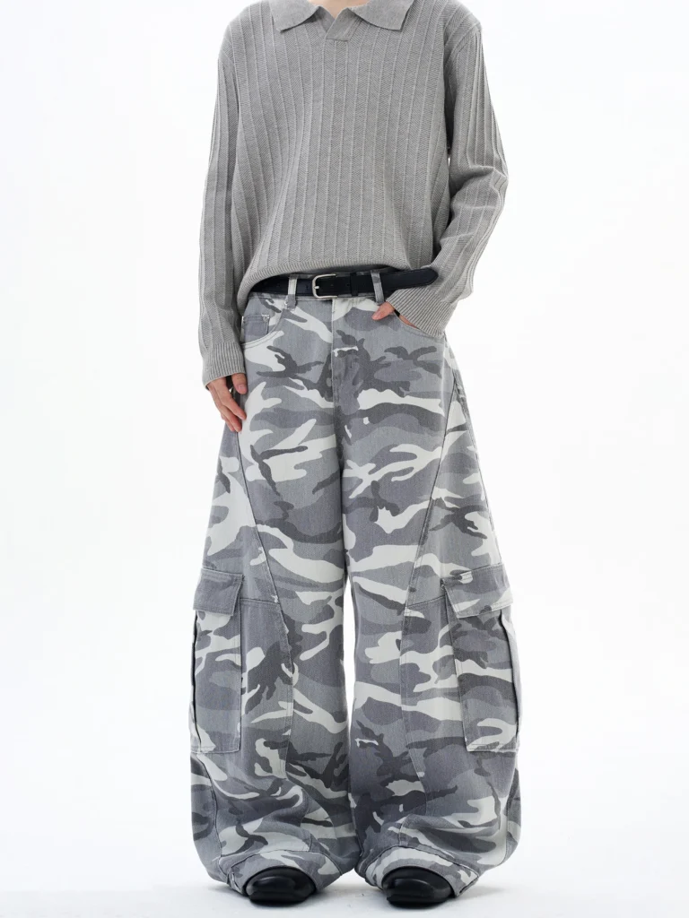 New Autumn Men's Cargo Trousers Side Pockets American Style Pleated Design Camouflage Wide Leg Drape Loose Male Pants