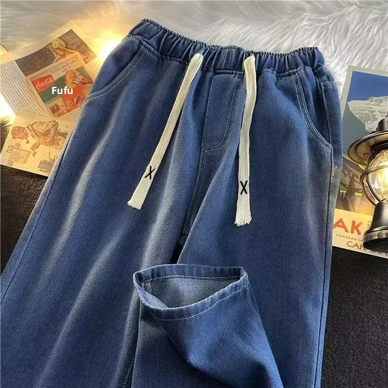 Casual Loose Straight Leg Men's Jeans Drawstring Elastic Waist Wide Leg Long Trousers High Street Fashion Denim Pants - Image 2