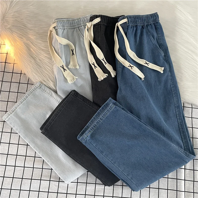 Casual Loose Straight Leg Men's Jeans Drawstring Elastic Waist Wide Leg Long Trousers High Street Fashion Denim Pants