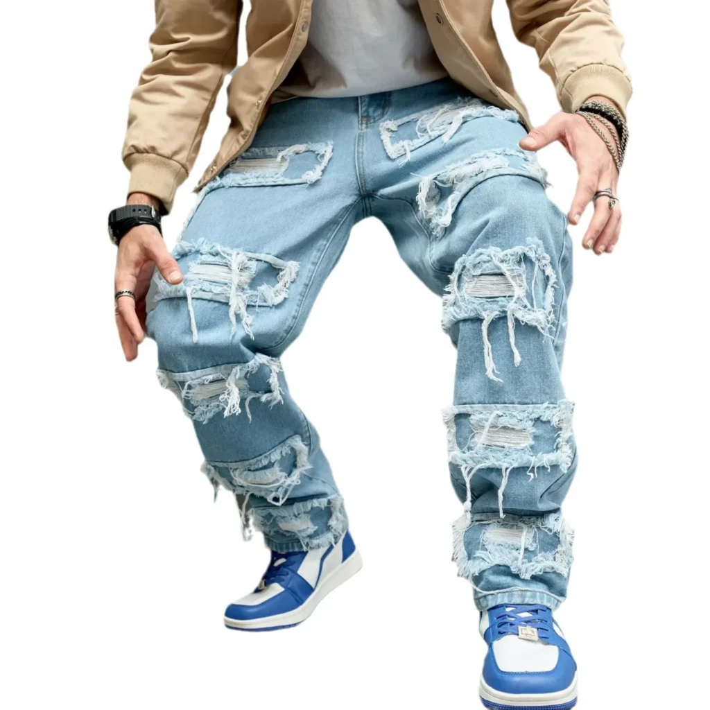 European and American Fashion Youth High Street Trendy Brand Bionic Jeans, Trendy Solid Color Slim-Fit Ripped Stretch Jeans