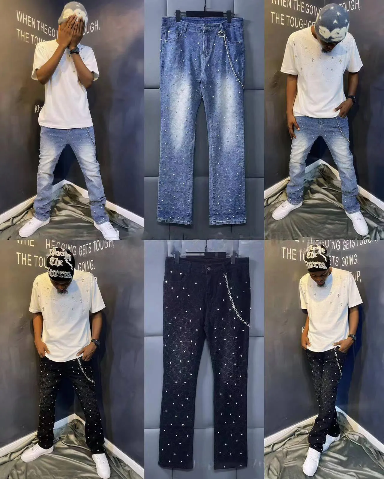 Blue Stretchy Pearls Skinny Jeans For Men 2024 New Fashion Fashion Rhinestone European Street Personality Stacked Denim Pants - Image 2
