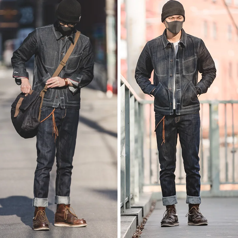 Maden Vintage 14oz Selvedge Raw Denim Jeans Horsehair Leather Patch Straight Fit Jeans Men's Spring and fall Paris Buckle Pants - Image 3