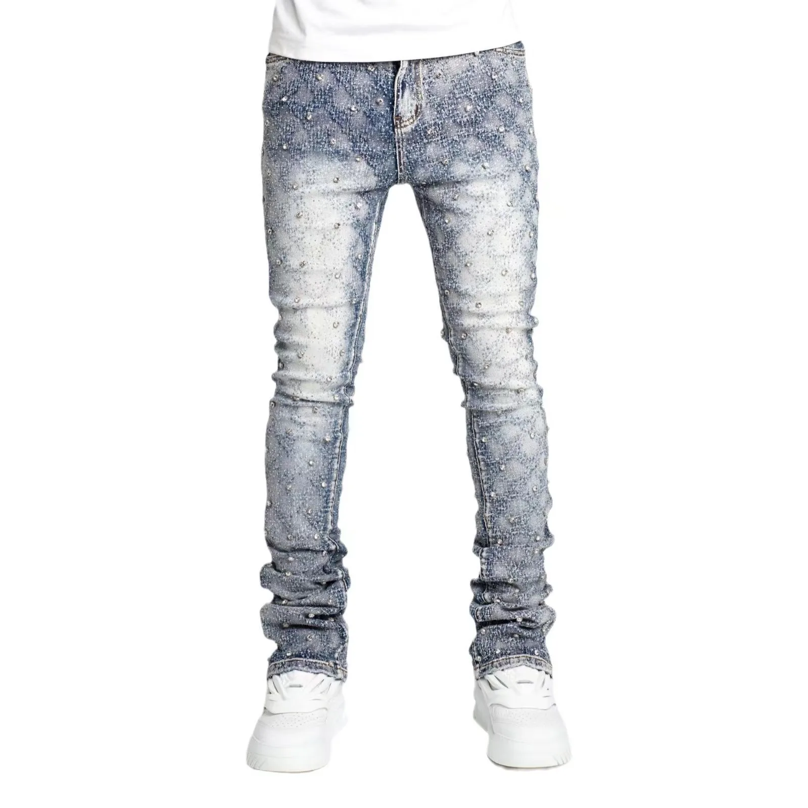 Blue Stretchy Pearls Skinny Jeans For Men 2024 New Fashion Fashion Rhinestone European Street Personality Stacked Denim Pants - Image 4
