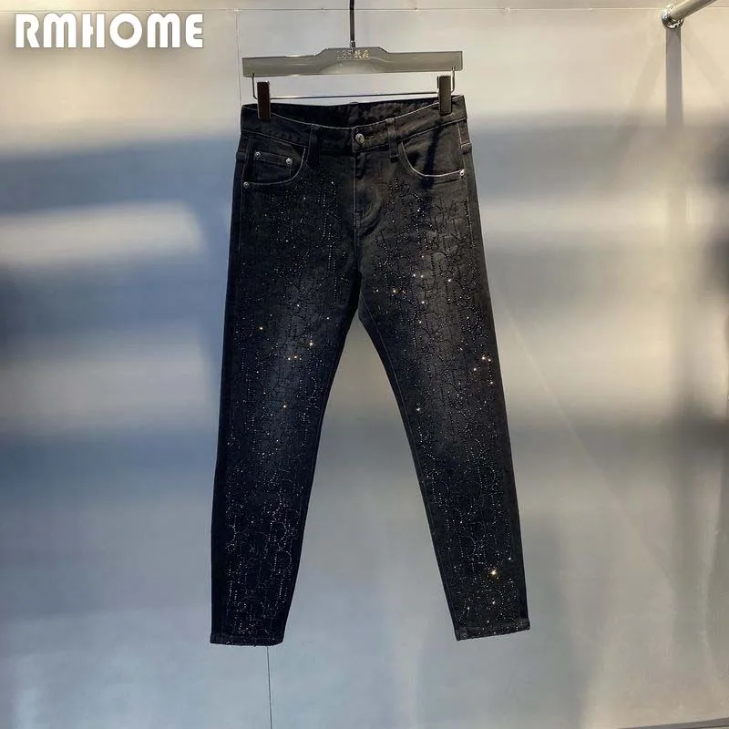 Rhinestone Jeans Men's Black Denim Small Feet Male Pants Fashion Brand Full Of Diamonds Design High-quality Trendy Trousers 36