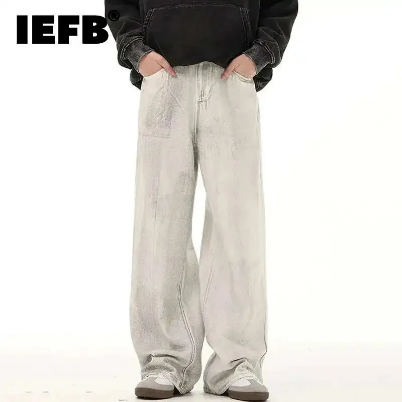 IEFB American Style Men's Denim Pants Dirty Dye Design Worn-out Washing Casual Jeans Straight Wide Leg Male Bottom Trend 9W721