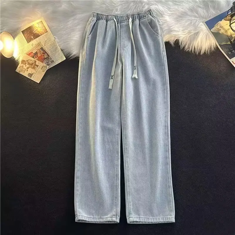 Casual Loose Straight Leg Men's Jeans Drawstring Elastic Waist Wide Leg Long Trousers High Street Fashion Denim Pants - Image 4