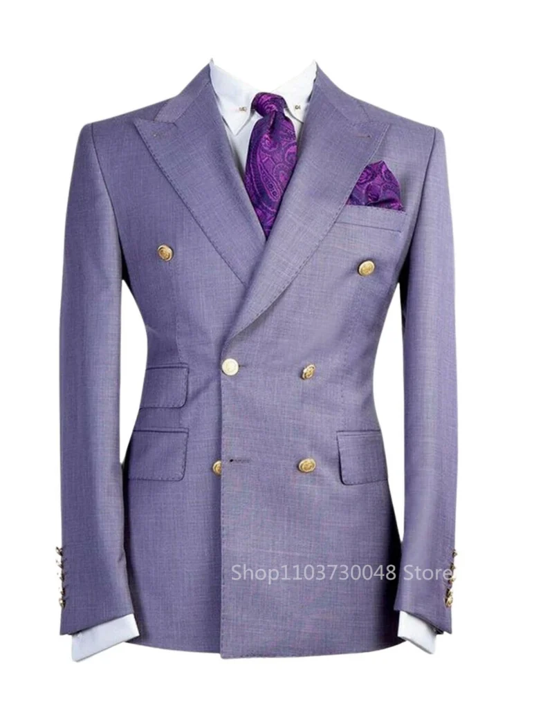 Light Purple Blazer for Men Peak Lapel Double Breasted Dinner Jacket Elegant Smoking Slim Fit Suit Coat for Wedding/Business