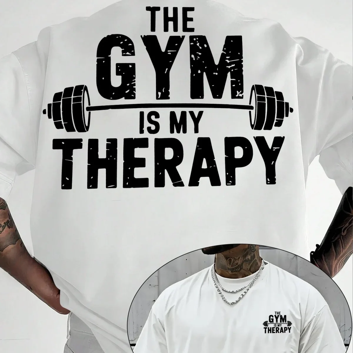 Men's HE GYM IS MY THERAPY Sports Fitness T shirt Cotton Jogging Top Tee Casual Trend Oversize O-Neck Unisex Summer Spring shirt